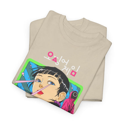 Sumptuous graphic t-shirt featuring a captivating Squid Game character design, perfect for making a distinctive fashion statement in any casual setting.