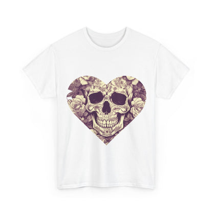 Front view of a pristine white Skulls and Roses Cotton Tee, accentuated with a captivating heart graphic featuring skull and floral artistry.