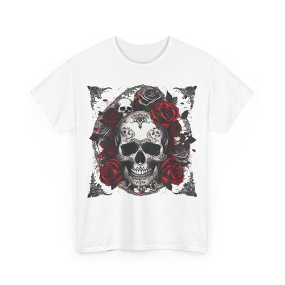 Skulls and Roses Cotton Tee - Unisex Graphic Shirt featuring a detailed skull design surrounded by vibrant red roses, perfect for alternative fashion lovers.