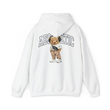 Luxurious white hoodie featuring a playful cartoon teddy bear design on the back, complemented by 'AESTHETIC' in bold lettering, perfect for a stylish, contemporary wardrobe.