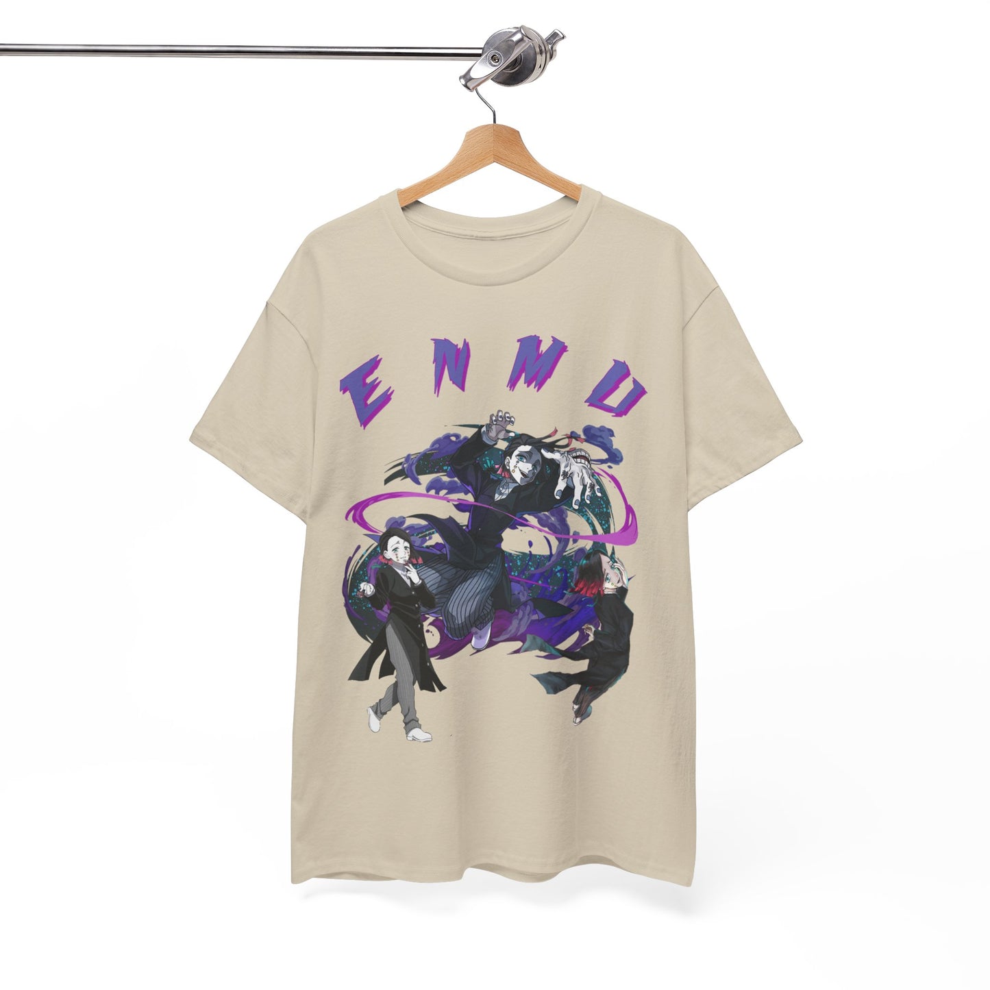An elegantly hung Enmu graphic T-shirt, highlighting the detailed artwork and stylish fit, designed for anime aficionados seeking unique and fashionable apparel.