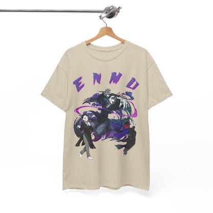 An elegantly hung Enmu graphic T-shirt, highlighting the detailed artwork and stylish fit, designed for anime aficionados seeking unique and fashionable apparel.