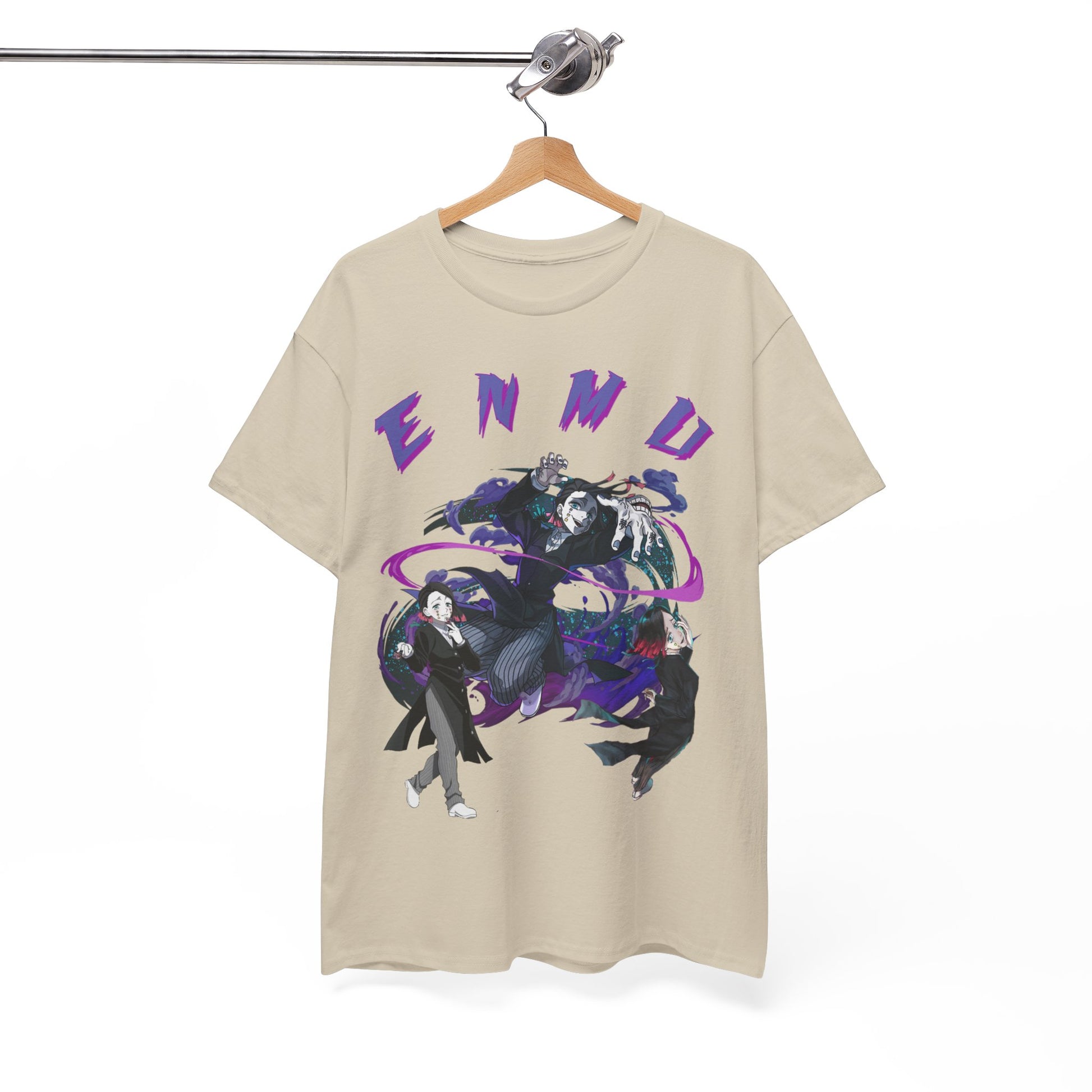 Elegant Enmu-inspired graphic t-shirt showcasing dynamic anime artwork with vivid colours and iconic lettering, perfect for stylish anime enthusiasts.