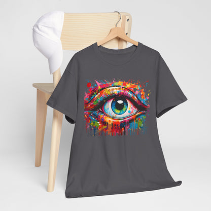 Stylish Visionary Drip Graphic Unisex T-Shirt featuring a vibrant eye design, hung on a wooden chair with a white cap, showcasing contemporary artistic flair.