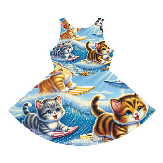 Eliza Bellethorne Girls Summer Kitten Print Pencil Skirt featuring adorable kittens enjoying sunny beach adventures, designed for fashionable young girls.