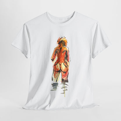 Luxuriously designed graphic t-shirt featuring an artistic portrayal of a suggestively styled figure in warm hues of orange and red, perfect for expressing personality and charm.