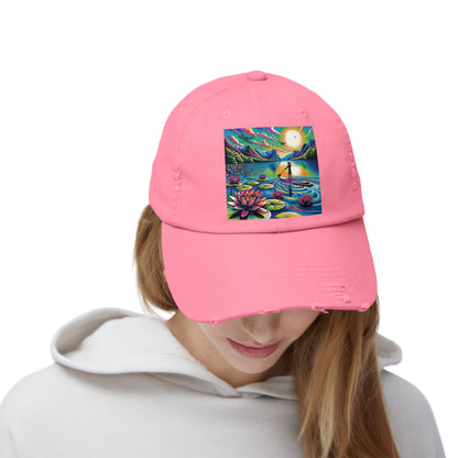 Stylishly worn Unisex Distressed Paddleboarders Cap in pink on a model, featuring vibrant paddleboarding imagery, an accessory for luxury water adventures.