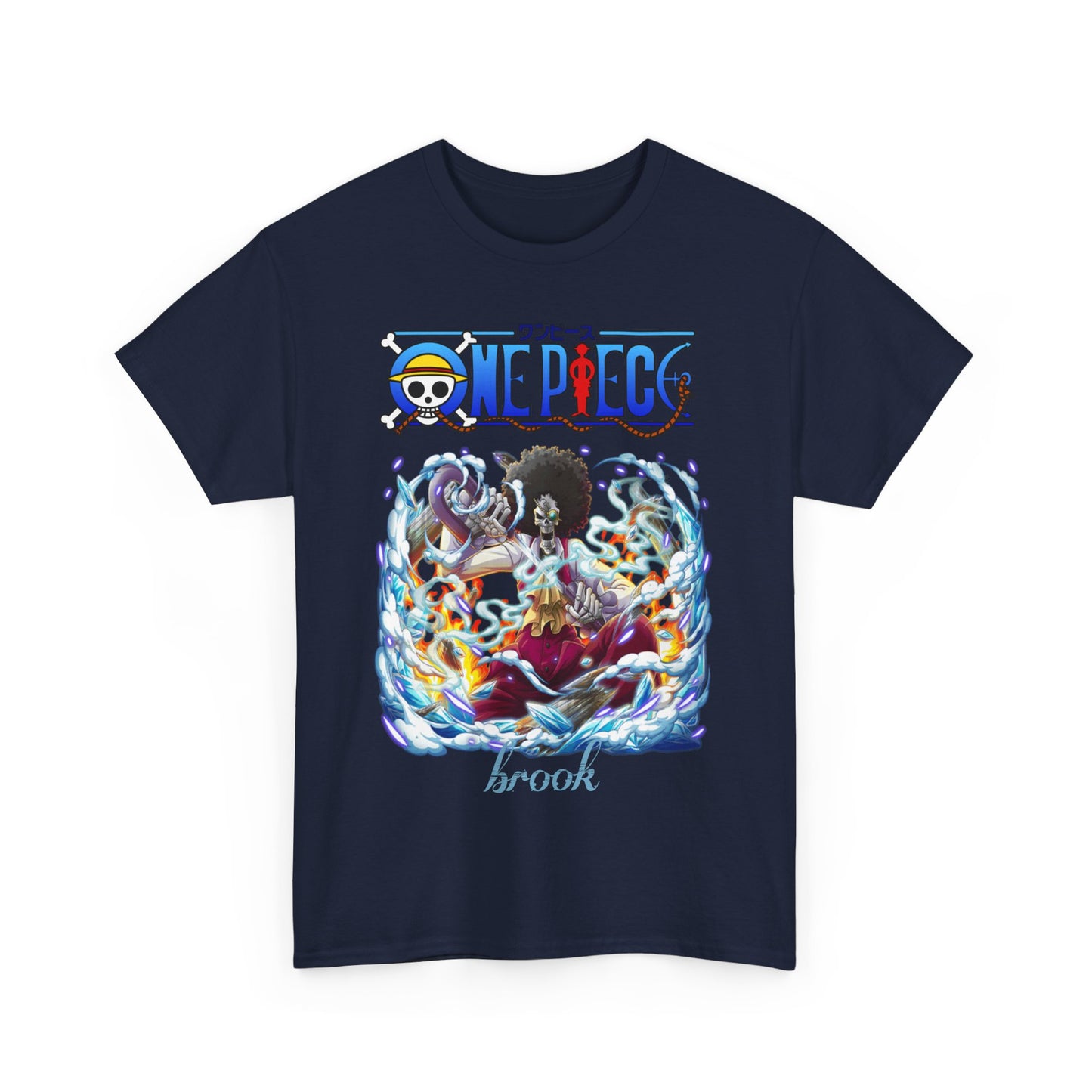 Luxurious stacked view of navy blue men's t-shirts displaying the vibrant design of Brook from One Piece, highlighting premium quality fabric and detailed artwork.
