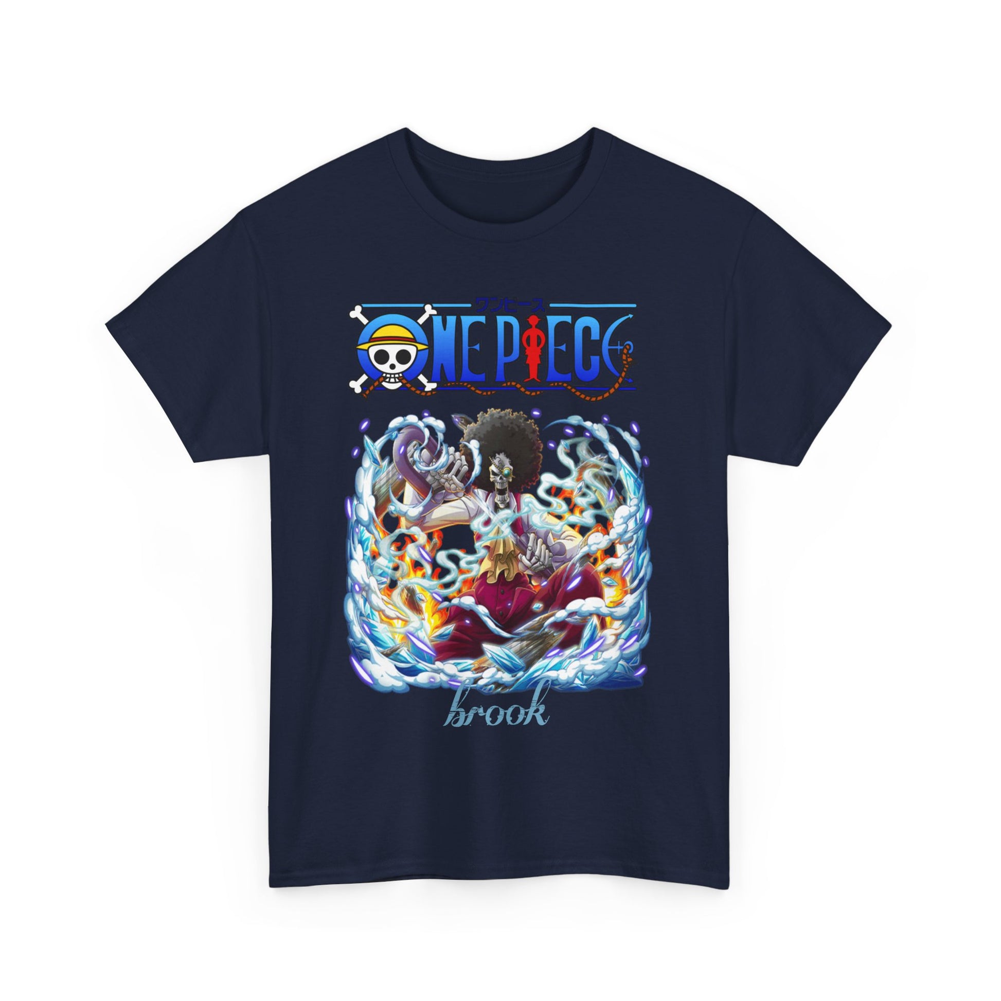 Luxurious stacked view of navy blue men's t-shirts displaying the vibrant design of Brook from One Piece, highlighting premium quality fabric and detailed artwork.