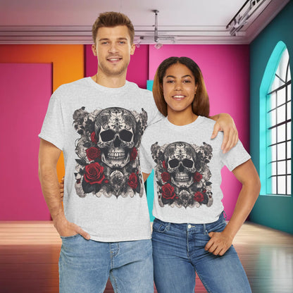 Couple wearing the Skulls and Roses Cotton Tee, embodying chic alternative fashion while showcasing its unisex appeal.