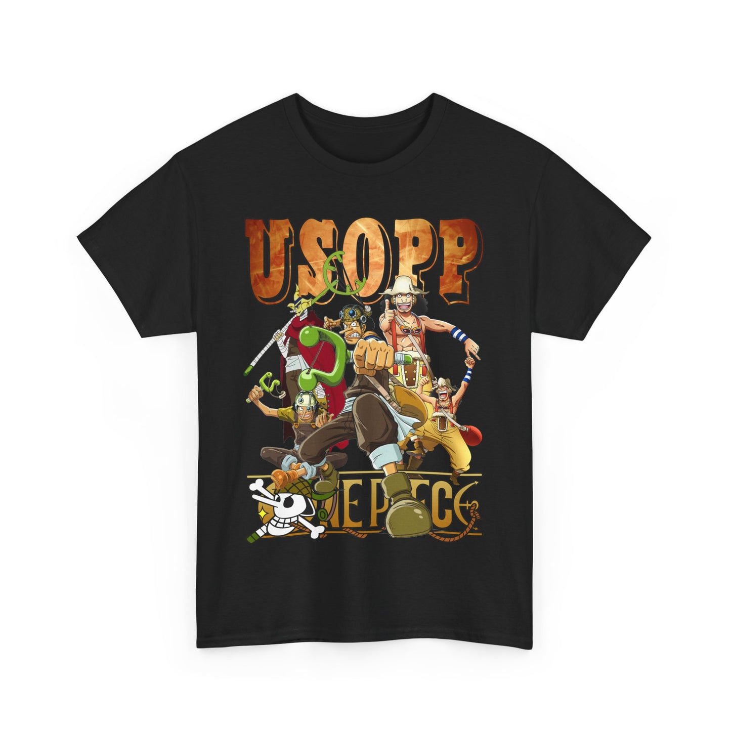 Chic black Usopp T-Shirt featuring exquisite artwork of iconic anime characters, crafted from soft fabric for a luxurious fit, ideal for stylish anime fans.