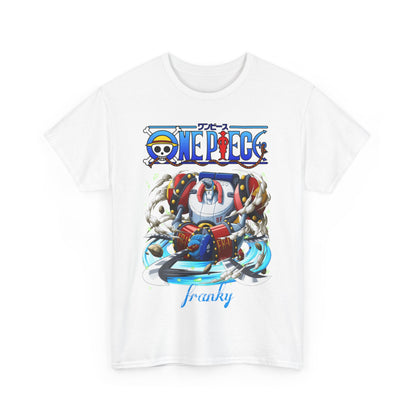 Luxurious One Piece Franky graphic t-shirt showcasing a striking design of the iconic character Franky, adorned with intricate details and vibrant colours, perfect for anime enthusiasts.