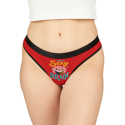 Luxurious red women's thong underwear featuring a playful graphic design with the phrase 'I have a sexy brain', ideal for cheeky gifts and adding a touch of humour to intimate wear.