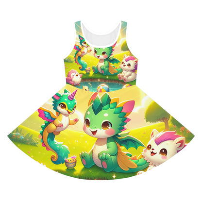 Lola Petitcouture Girls' Fantasy Animal Sundress by Dazzling Dreams Studio, showcasing vibrant cartoon-style fantasy animals including a majestic emerald-scaled dragon and playful unicorn against a bright summer backdrop.