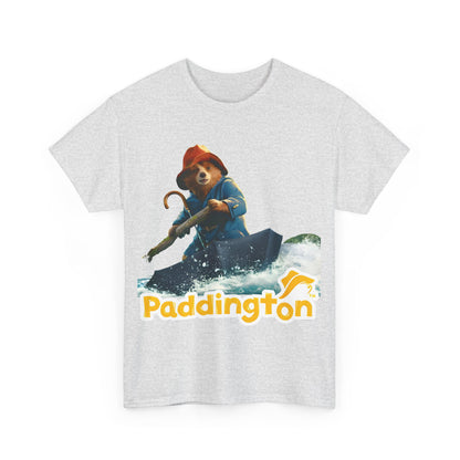 Front view of the grey Paddington Bear in Peru Graphic Unisex T-Shirt – Premium Adventure Art Tee, depicting Paddington Bear in a vibrant, adventurous scene.