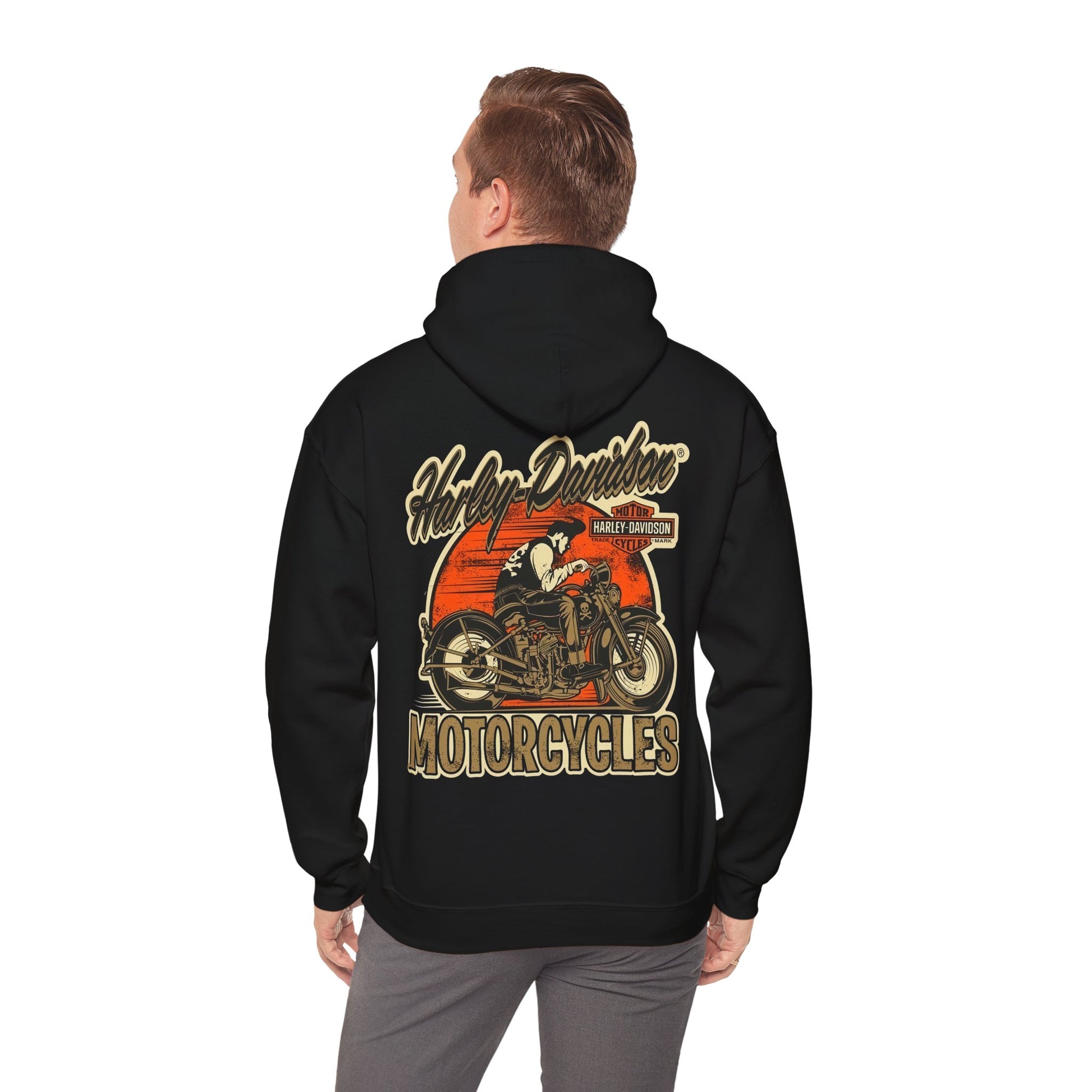 Stylishly affluent Vintage Harley-Davidson hoodie in black, prominently displaying a motorcycle graphic, ideal for those seeking both comfort and a statement style.
