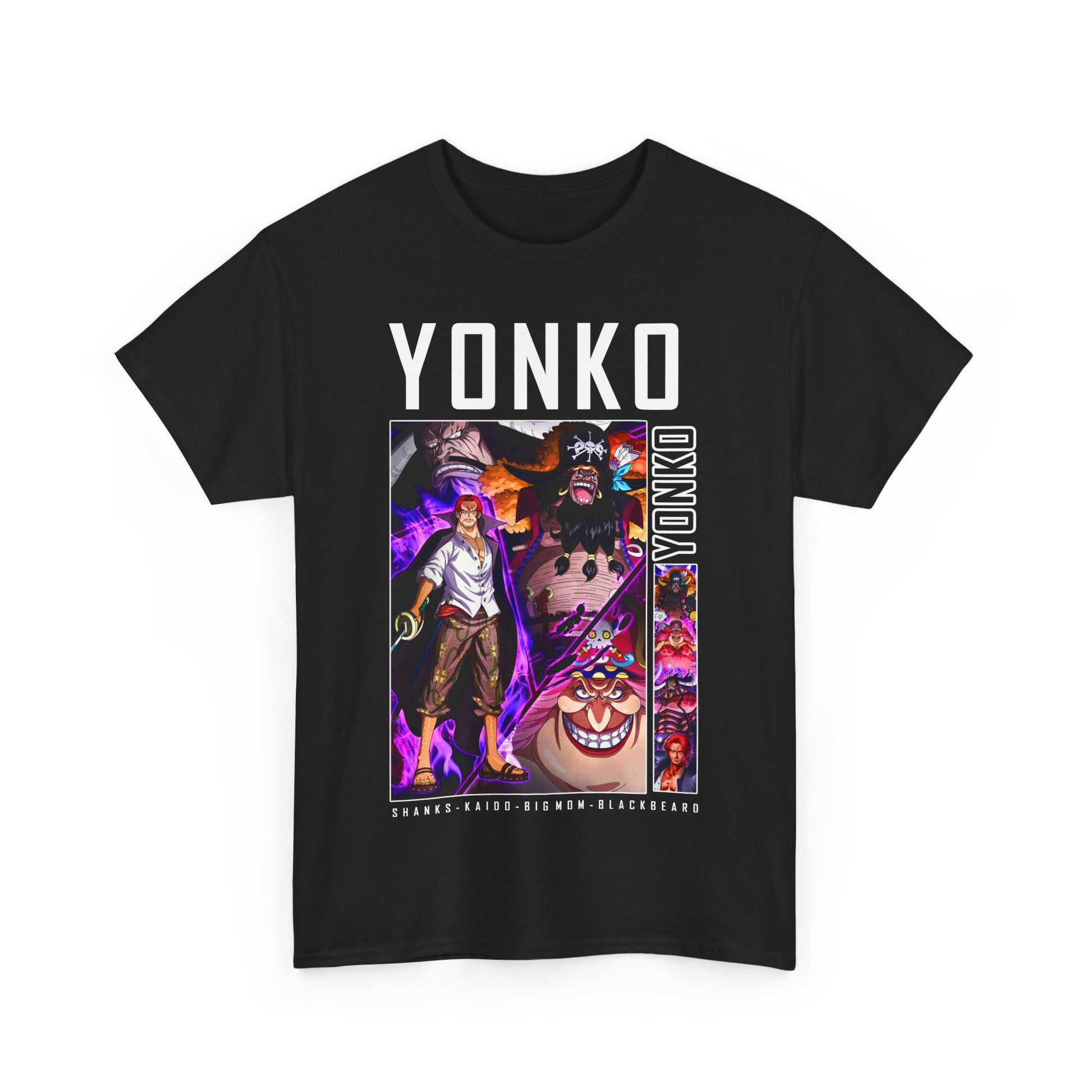 Elegant YONKO graphic tee in black, prominently displaying beloved anime characters with vibrant artistic designs.