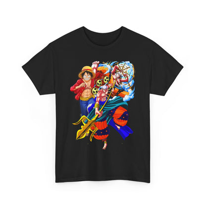 Sophisticated black t-shirt with premium anime art, highlighting iconic characters for a refined, fashionable look.
