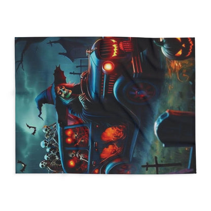 Eye-catching Decorative and Warm Halloween Spooky Arctic Fleece Blanket featuring a spooky scene with skeletons and pumpkins, perfect for Halloween decor.
