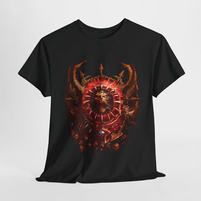 Luxurious unisex graphic t-shirt featuring an intricate Warhammer-inspired design, showcasing a vivid deep crimson shield and a menacing skeletal figure with glowing eyes.