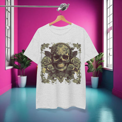 Skulls and Roses Cotton Tee featuring a striking steampunk-inspired graphic design, showcasing a beautifully detailed skull surrounded by roses, perfect for alternative fashion enthusiasts.