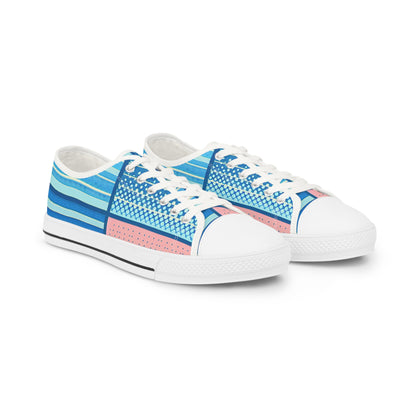 Zoe Zapstride Pop Art Men's Lowtop Sneakers featuring a bold blue background and pastel pink accents, elegantly designed for a minimalist aesthetic.
