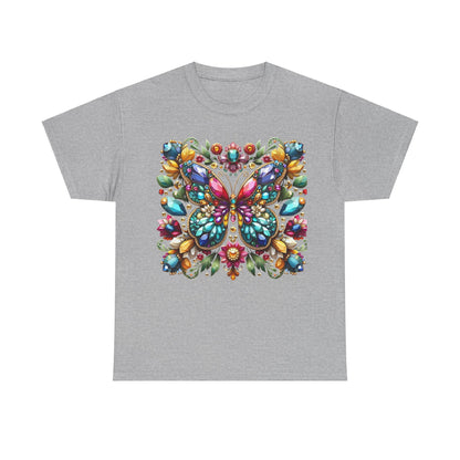 Enchanting Butterfly Brooch Unisex T Shirt showcasing a vibrant butterfly design embellished with sparkling gems on a grey backdrop.