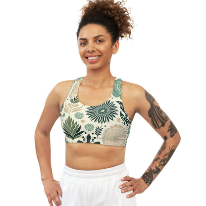 Model wearing Leilani Beaumont Pastel Green Sports Bra with botanical patterns, illustrating the luxurious comfort and supportive design ideal for active lifestyles.