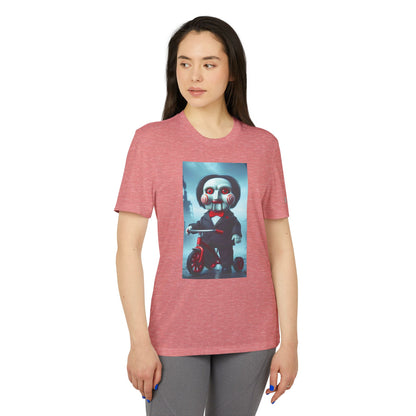 Model wearing the Adidas Unisex Halloween Jigsaw Cute T-shirt, featuring an artistic Jigsaw character design, ideal for fashionable Halloween attire.