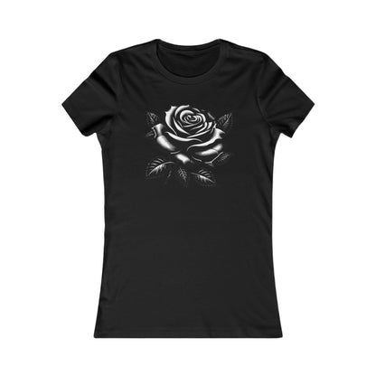Elegant black t-shirt featuring a detailed white graphic of a rose surrounded by leaves, embodying a blend of sophistication and playful artistry.