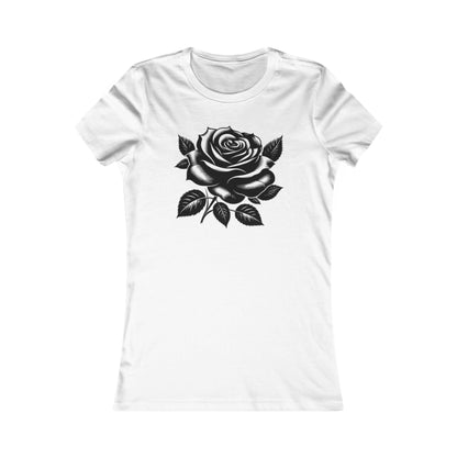 Rose Reverie Sexy Women's Graphic Cotton Funny T Shirt Tee featuring an intricate black and white rose illustration on a white background, blending humour with sophistication, perfect for casual elegance.