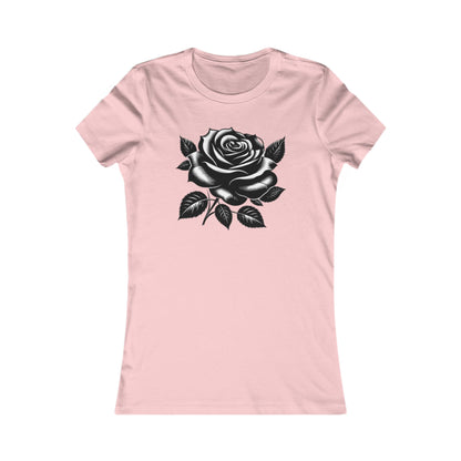 Exquisite pink women's graphic t-shirt featuring a detailed black and white rose illustration, perfect for expressing elegance and charm in casual attire.
