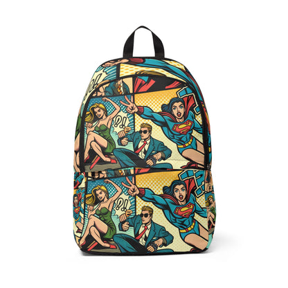 Chic Trendy Modern Pop Art Backpack featuring playful comic characters and vibrant design details by Dazzling Dreams Studio, perfect for art lovers and stylish individuals.