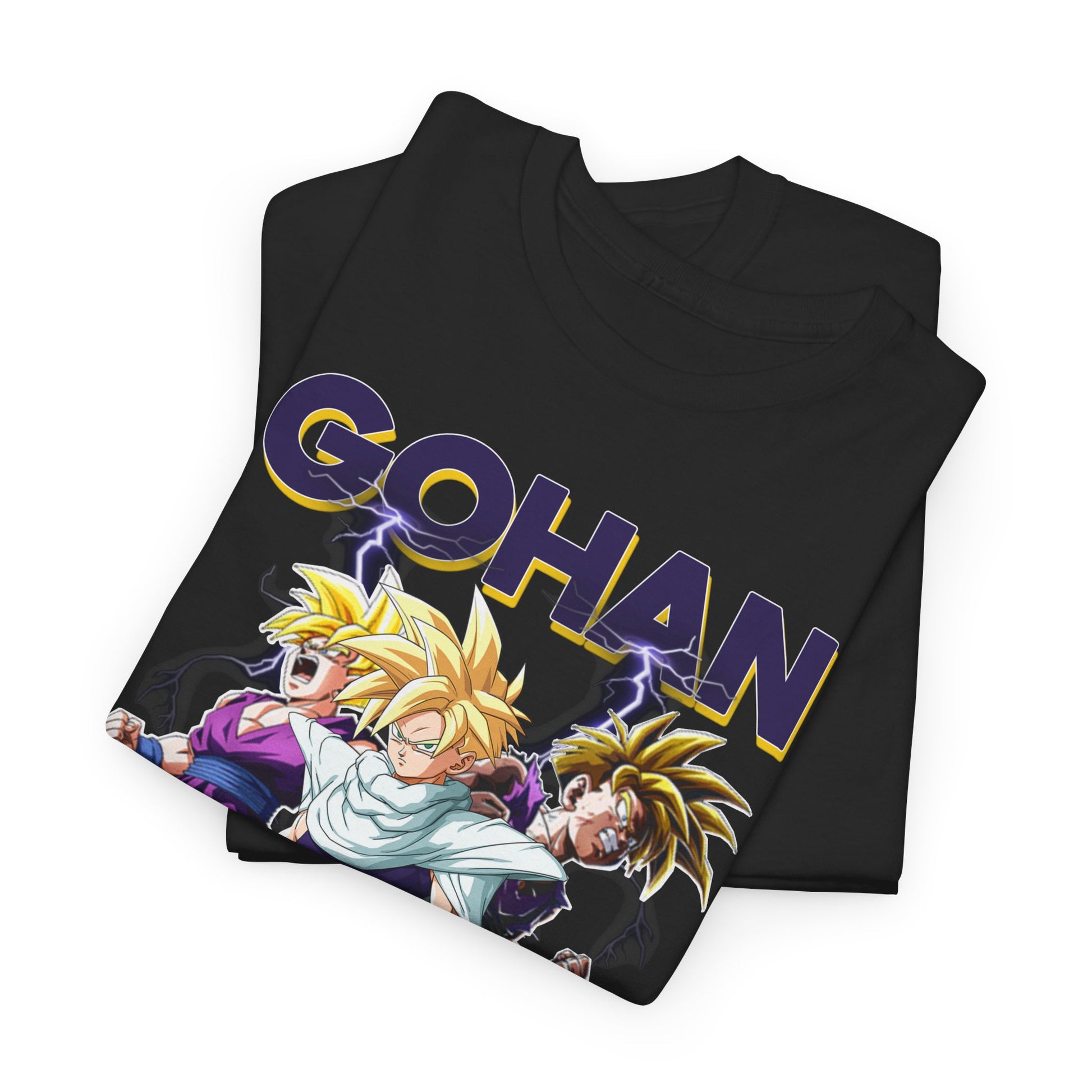 Stylish folded Gohan Ascends T-Shirt in black, featuring exquisite graphic design of Gohan from Dragon Ball Z, perfect for those who appreciate luxury in anime fashion.