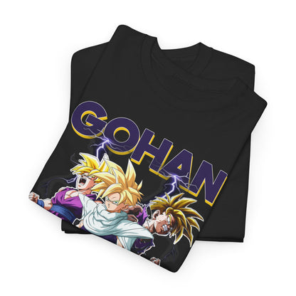 Stylish folded Gohan Ascends T-Shirt in black, featuring exquisite graphic design of Gohan from Dragon Ball Z, perfect for those who appreciate luxury in anime fashion.
