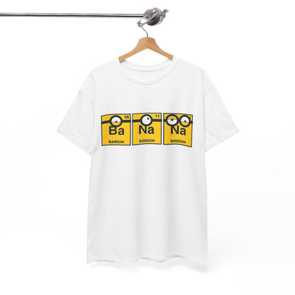 Men's Funny T-Shirt hanging on a rack, featuring the Minions Periodic Table Design that includes Ba, Na, Na elements. This fun T-shirt is perfect for those who appreciate quirky designs and love Minions.