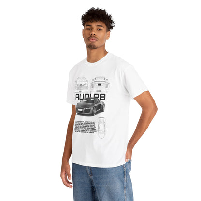 Stylish man wearing an Audi R8 Blueprint T-Shirt, showcasing a grey graphic of the iconic car along with historical designs in blueprint style on a white background.