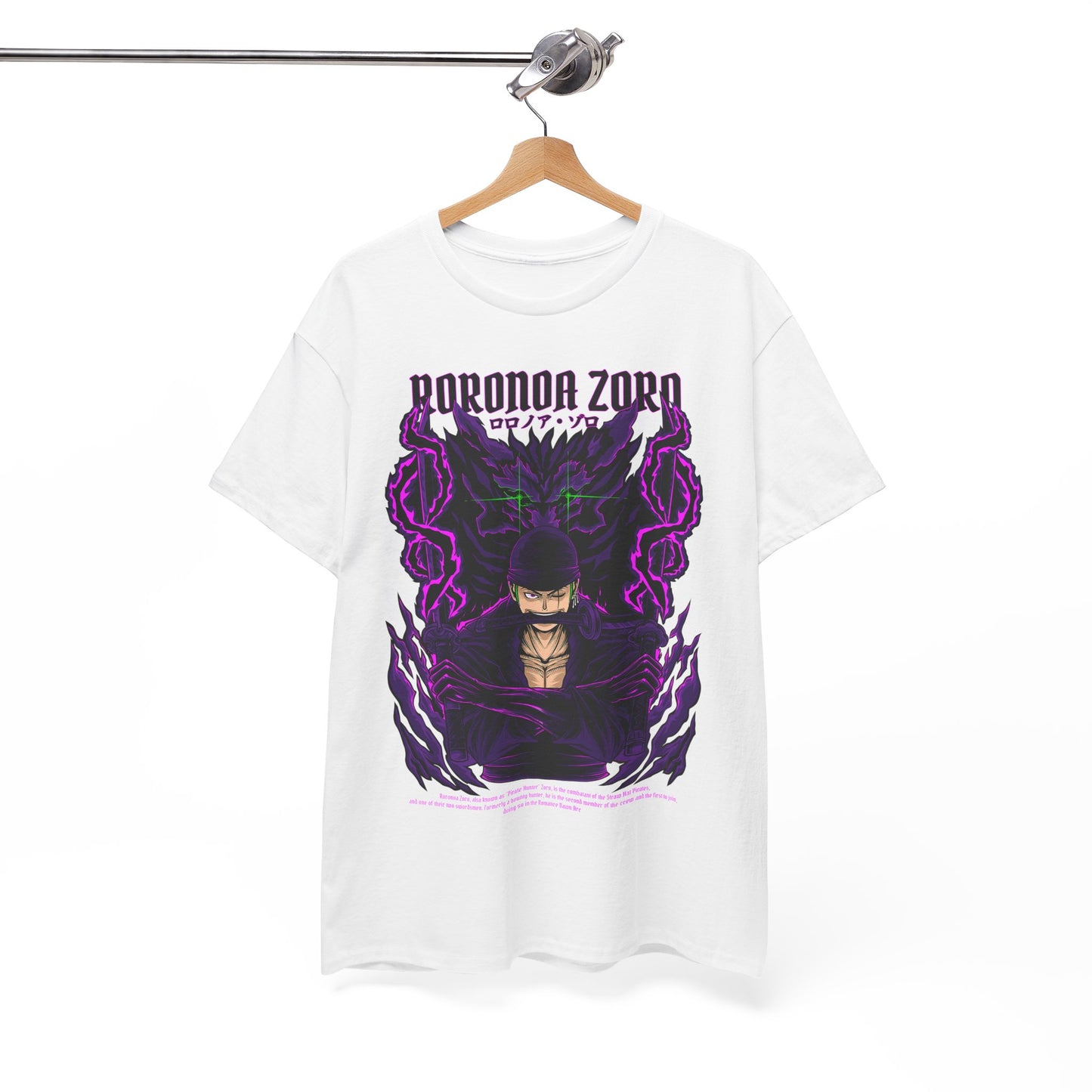 Sophisticated presentation of Roronoa Zoro graphic tee hanging on a stylish hanger, enhanced by detailed artwork that reflects the iconic anime character's fierce spirit.