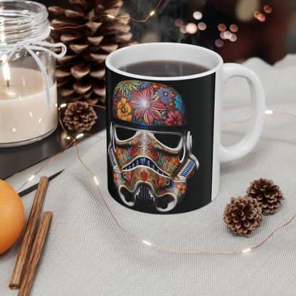 Artistic Floral Stormtrooper Mug – elegant coffee mug styled with a floral Stormtrooper design, set against a warm table setting for a luxurious tea experience.