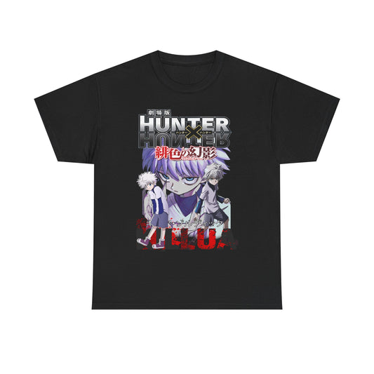 Luxurious black Hunter x Hunter T-Shirt showcasing bold illustrations of Killua and Gon, enhanced with striking colours and unique Japanese lettering, an exquisite choice for anime fans.