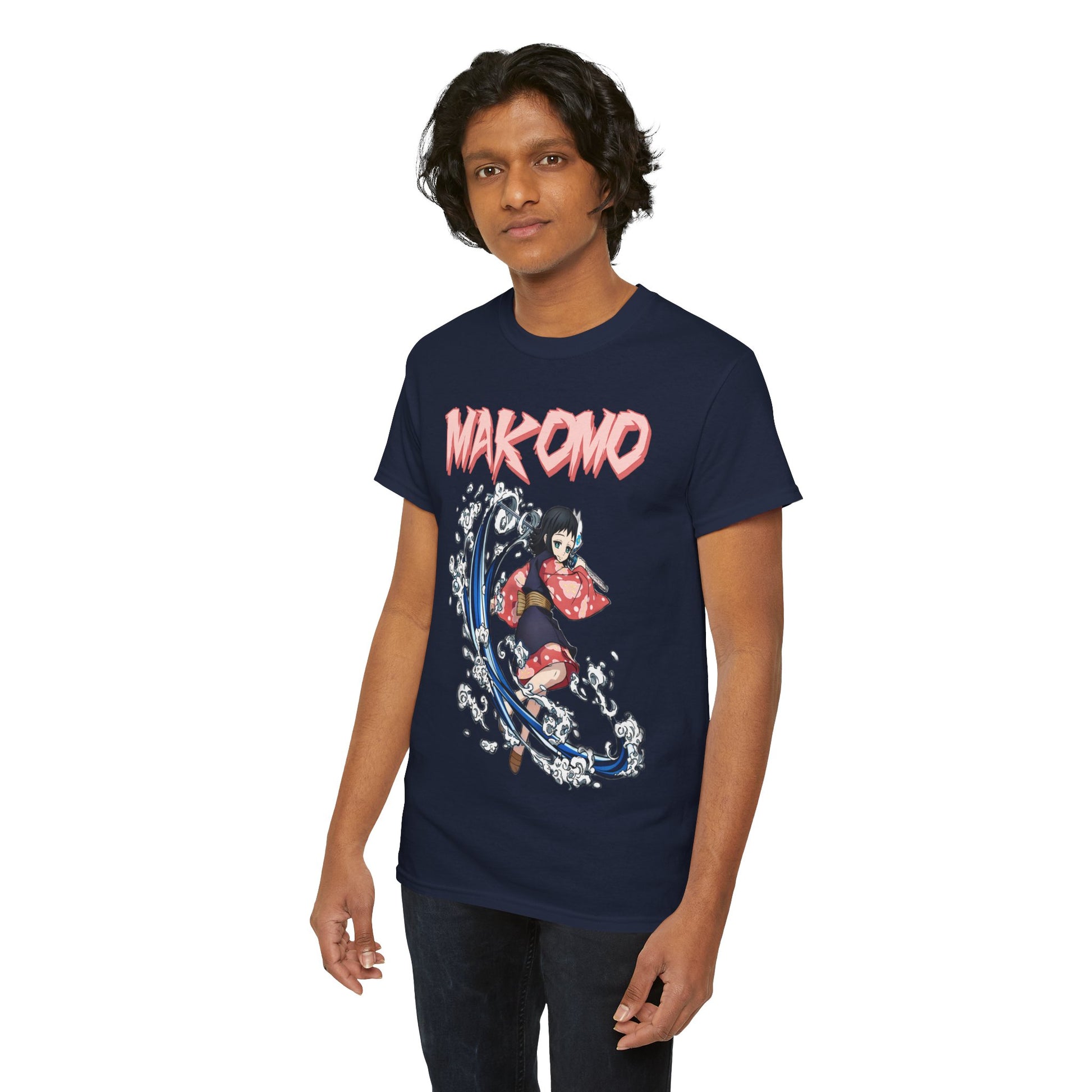 Front view of a model showcasing a navy blue T-shirt featuring the captivating action pose of Makomo, merging artistry with luxury fashion.
