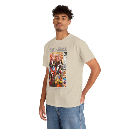 Stylish young man showcasing the One Piece Shichibukai T-shirt, featuring striking character designs, perfect for expressing anime fandom in a chic way.