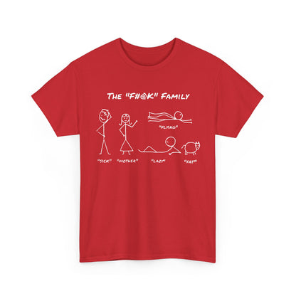 Front view of The Family Graphic T-Shirt Urban Unisex Cotton Tee, featuring a humorous stick-figure graphic titled "The F#@k Family" on a vibrant red fabric.