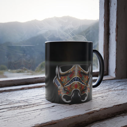 Artistic Stormtrooper Heat Change Mug featuring vibrant floral artwork, set against a serene mountain backdrop, embodying luxury for coffee and tea aficionados.