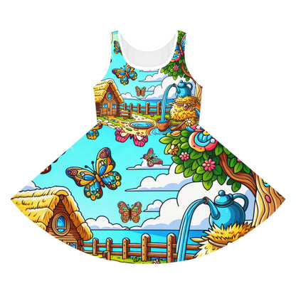 Sophia Peppermint Girls Rainbow Sundress featuring vibrant cartoon butterflies and floral prints, set against a whimsical nature backdrop in bright colours.