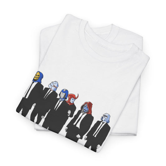 Elevate your style with the Resevoir Foes Unisex Mens Women´s Graphic Funny T Shirt Tee Urban Street, featuring a unique design of characters in black suits and varied helmets.