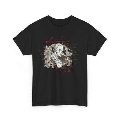Sophisticated black t-shirt featuring an intricate skull and violin design, merging gothic aesthetics with artistry.