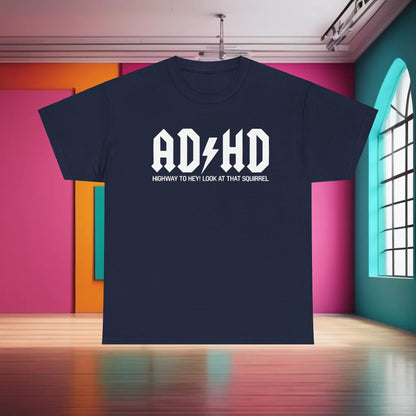 Sophisticated AD HD Rockers AC DC Graphic T-Shirt in deep navy, featuring prominent white lettering, an exclusive piece for discerning rock fans.