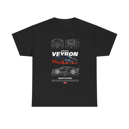 Stylish T-Shirt for Men showcasing Bugatti Veyron Design: Technical Drawings & Specs. The design features a sleek sketch of the Bugatti Veyron on a sophisticated black fabric.