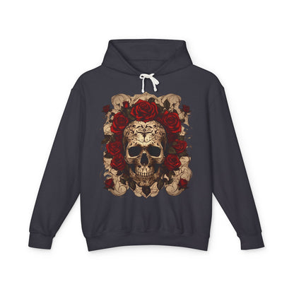 Unisex Lightweight Hooded Sweatshirt in charcoal colour with a unique designer skull and roses artwork, offering a luxurious yet edgy look.